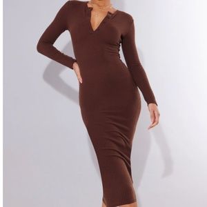 PLT Dark Brown Brushed Rib Button Front Midaxi Dress